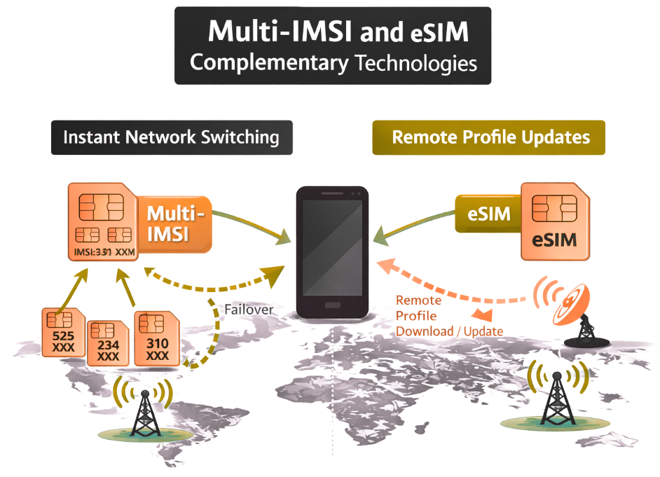 MVNO Index - Multi-IMSI and eSIM complementary technologies diagram MVNO Index - Multi-IMSI and eSIM complementary technologies diagram